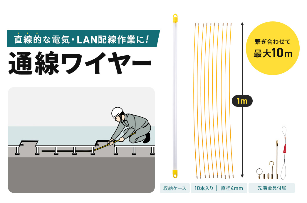 直線的な電気・LAN配線作業に! 通線ワイヤー