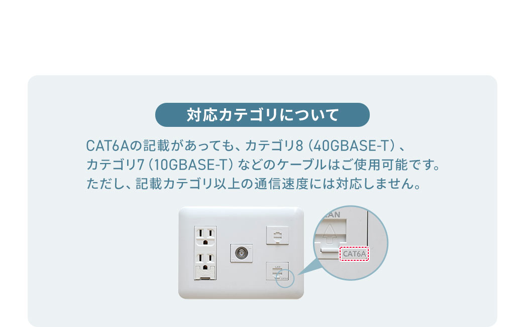 CAT6Aの記載があっても、カテゴリ8（40GBASE-T）、 カテゴリ7（10GBASE-T）などのケーブルはご使用可能です。 ただし、記載カテゴリ以上の通信速度には対応しません。