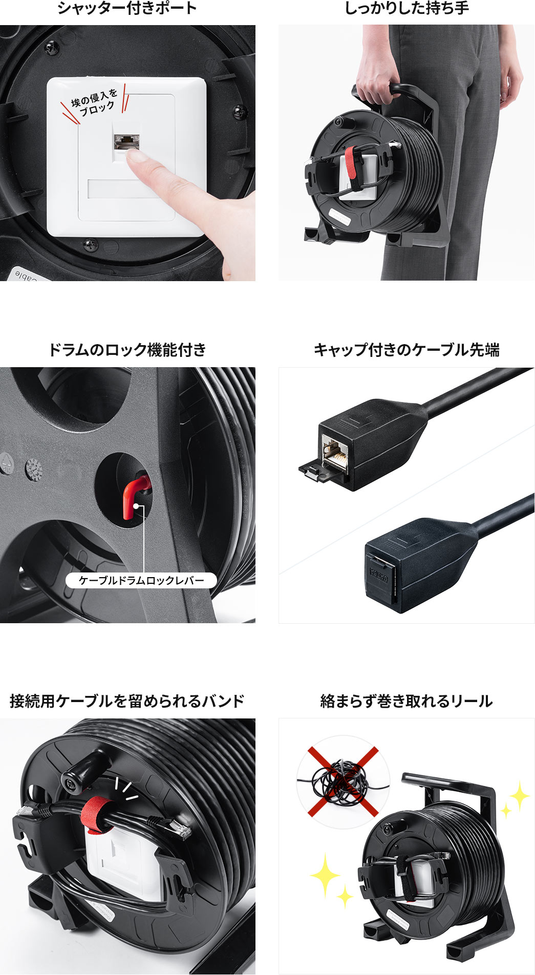 シャッター付きポート しっかりした持ち手 ドラムのロック機能付き キャップ付きのケーブル先端 接続用ケーブルを留められるバンド 絡まらず巻き取れるリール