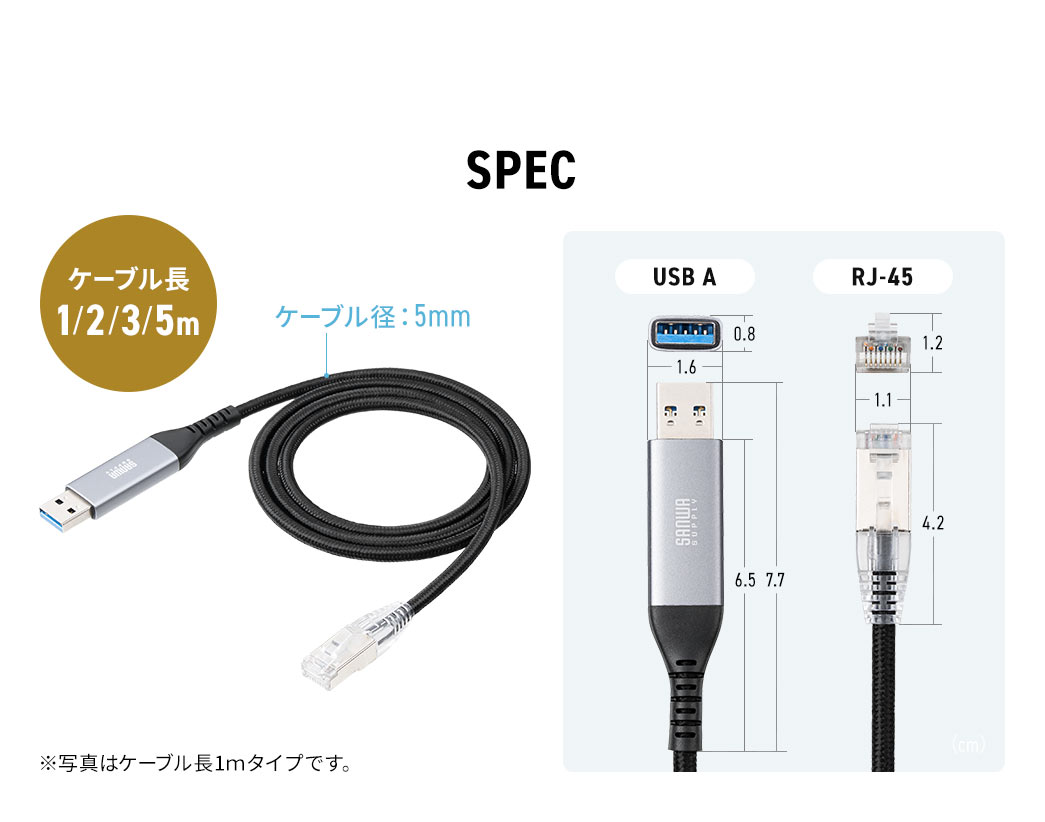 ケーブル長は1mと2mと3mと5mでケーブル径は5mm、コネクタはType-C、RJ-45です。