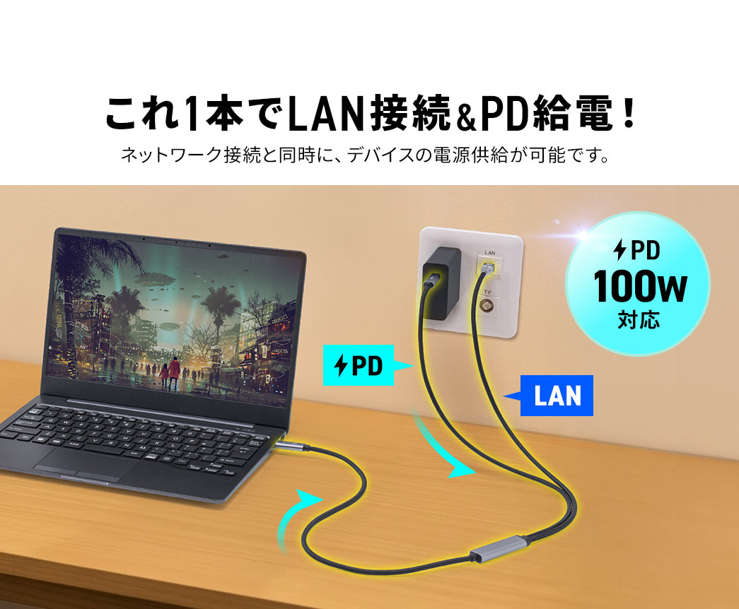 これ1本でLAN接続&PD給電！PD100Wに対応しているのでネットワーク接続と同時に、デバイスの電源供給が可能です。