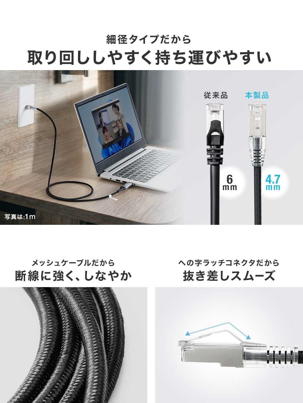 細径タイプだから、取り回ししやすく持ち運びやすい。メッシュケーブルだから断線に強く、しなやか。また、への字ラッチコネクタだから抜き差しスムーズ。