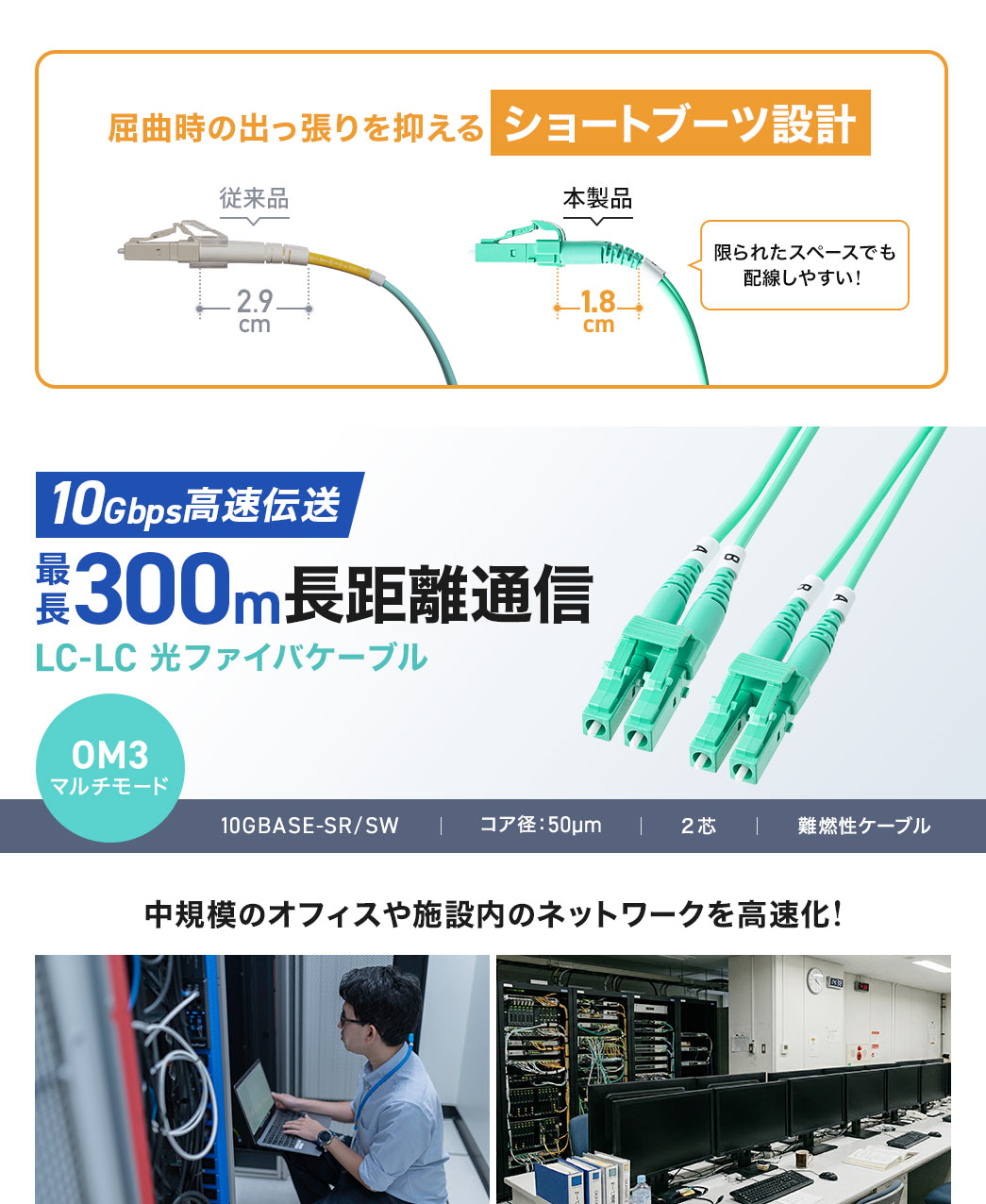 屈曲時の出っ張りを抑えるショートブーツ設計。最長300mの長距離通信に対応したOM3光ファイバケーブルで、10GBASE-SR/SWに対応。コア径50μm芯を採用し、高強度ステンレススパイラル構造と難燃性ケーブル仕様になっています。10Gbps高速伝送に対応しているから中規模のオフィスや施設内のネットワークを高速化！
