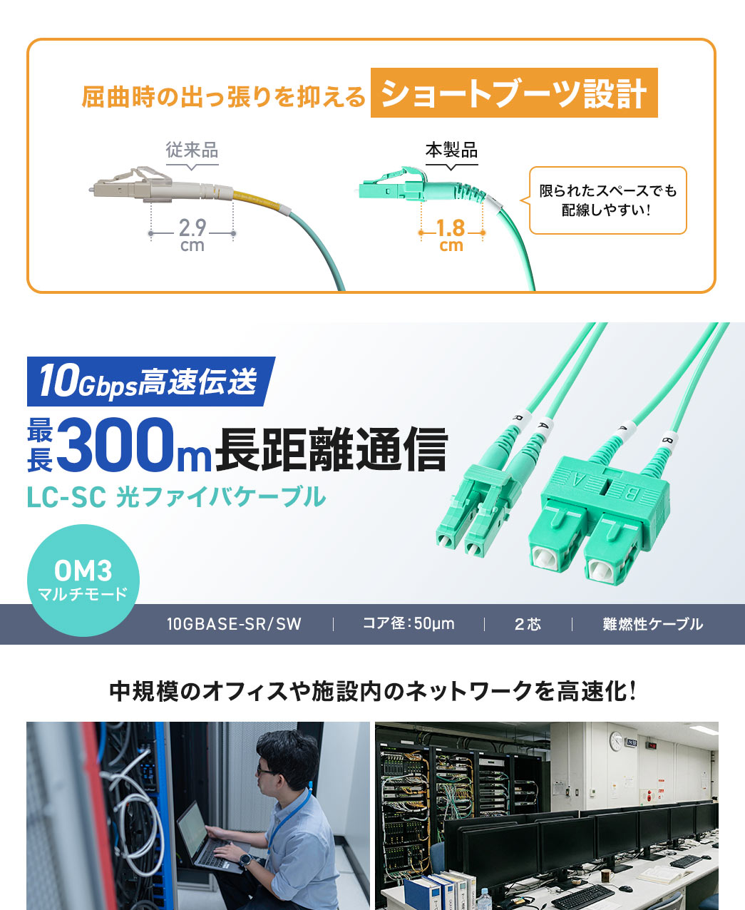 屈曲時の出っ張りを抑えるショートブーツ設計。最長300mの長距離通信に対応したOM3光ファイバケーブルで、10GBASE-SR/SWに対応。コア径50μm芯を採用し、高強度ステンレススパイラル構造と難燃性ケーブル仕様になっています。10Gbps高速伝送に対応しているから中規模のオフィスや施設内のネットワークを高速化！