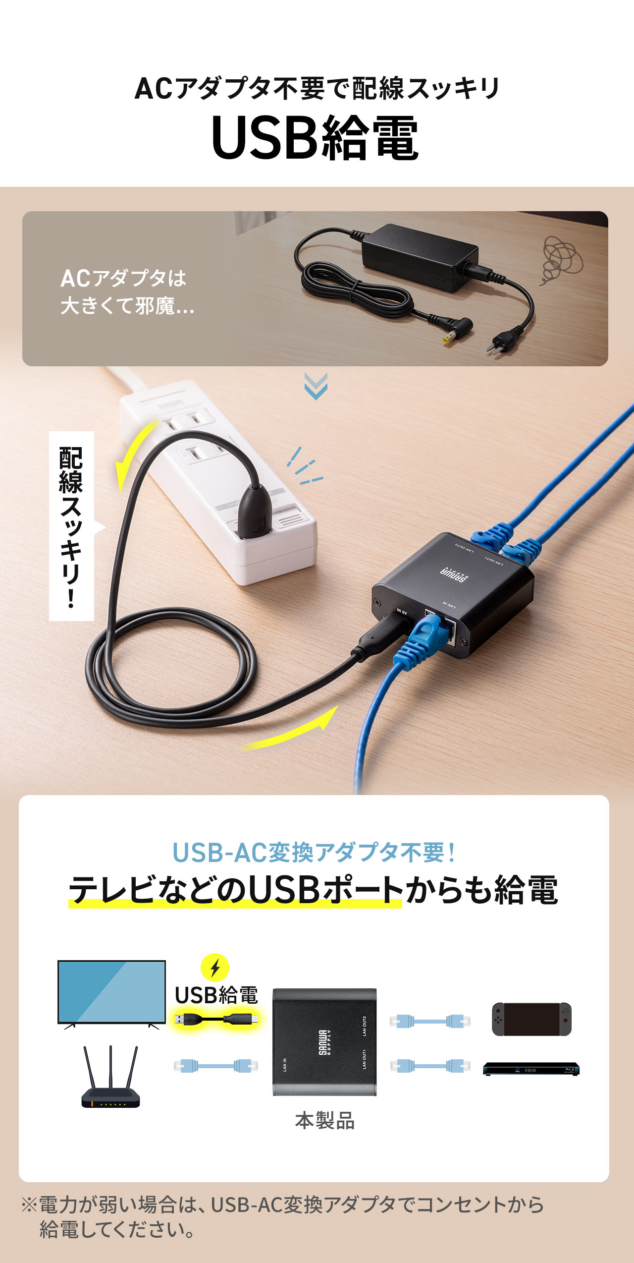 USB給電なので、ACアダプタ不要で配線スッキリ。テレビなどのUSBポートからも給電可能です。※電力が弱い場合は、USB-AC変換アダプタでコンセントから給電してください。