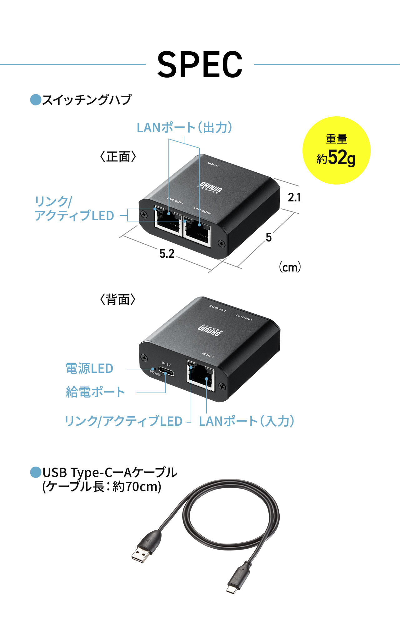 SPEC、重量約52g。約70cmのUSB Type-C-Aケーブル付属。