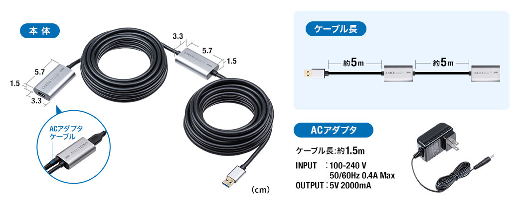 本体 ACアダプタ ケーブル長約1.5m