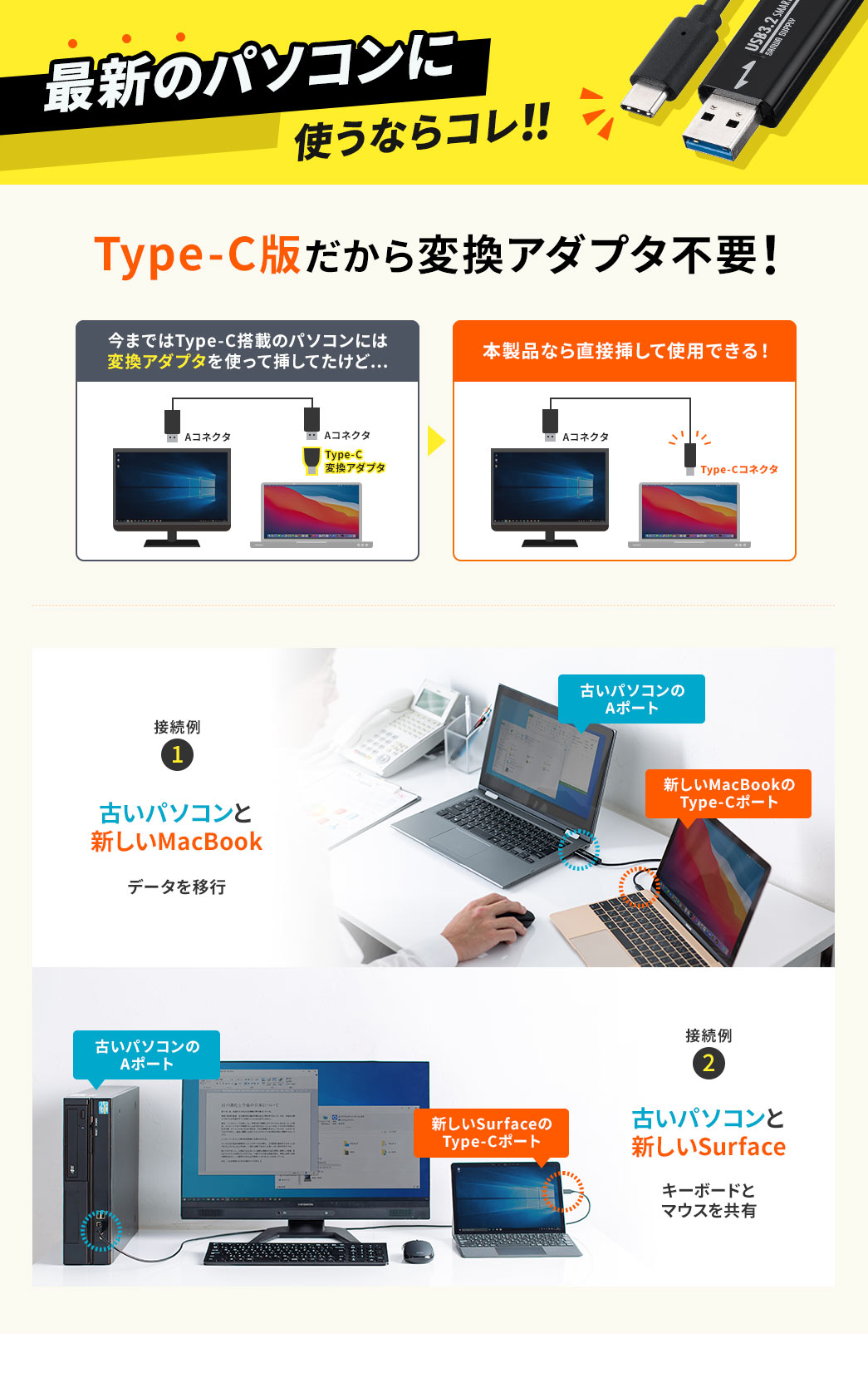 最新のパソコンに使うならこれ！ Type-C版だから変換アダプタ不要！ 古いパソコンと新しいMacbook 古いパソコンと新しいSurface