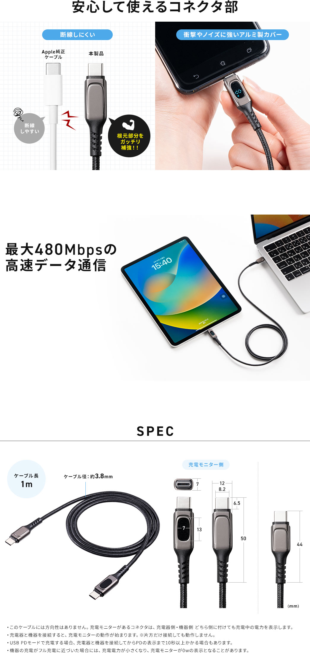 安心して使えるコネクタ部 最大480Mbsの高速データ通信 SPEC