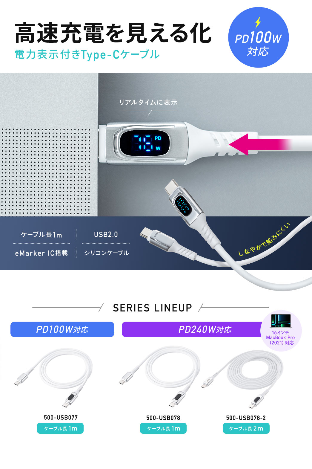 高速充電を見える化 電力表示付きType-Cケーブル