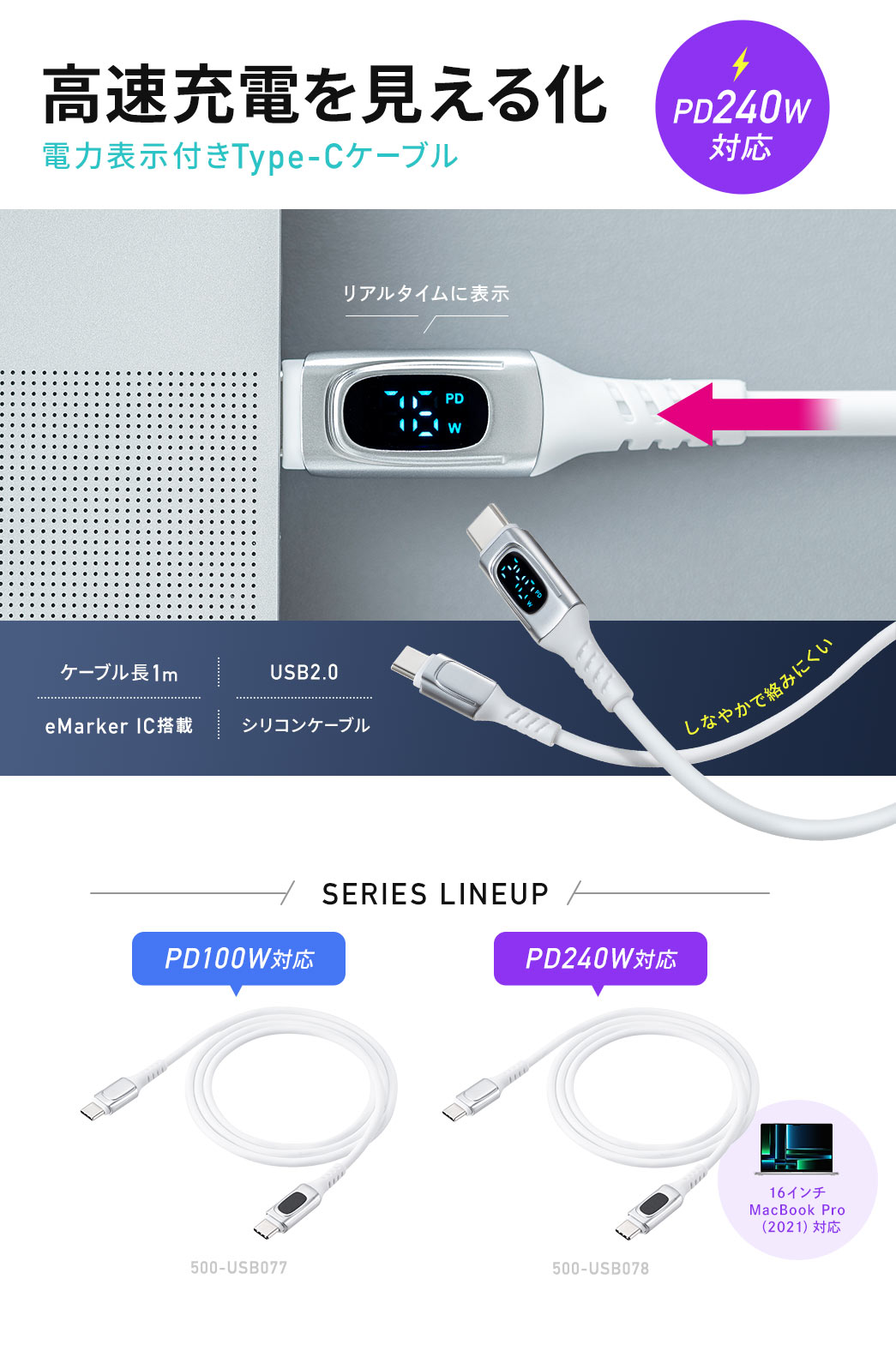 高速充電を見える化 電力表示付きType-Cケーブル