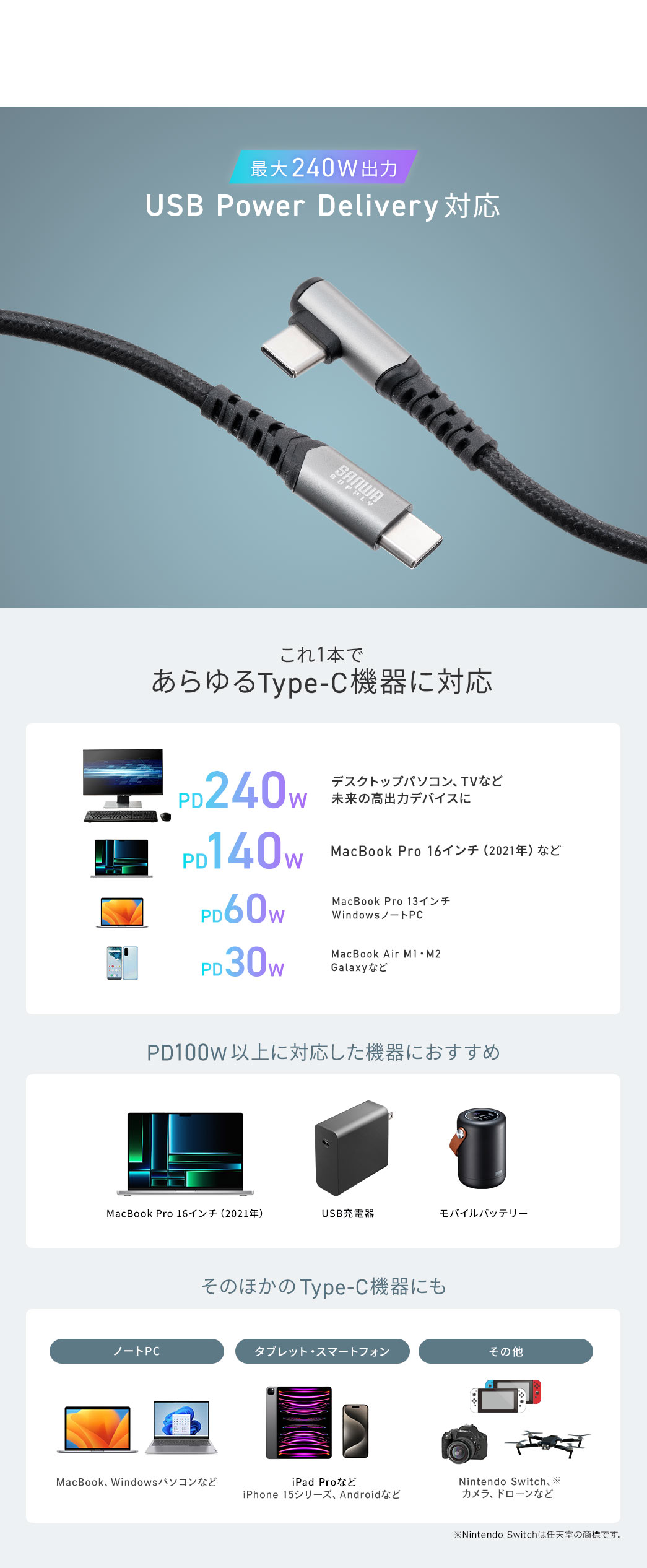 最大240W出力 USB Power Delivery対応