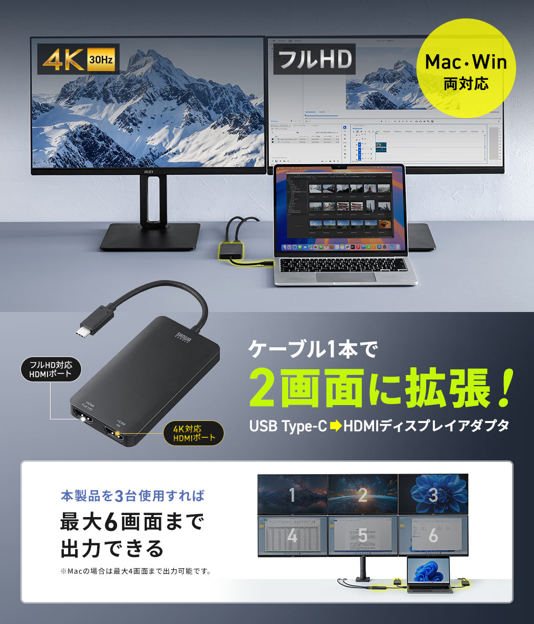 WindowsでもMacでもType-Cケーブル1本で2画面に拡張できる、USB Type-C HDMI変換アダプタ。本製品を3台使用すれば最大6画面まで出力できます。※Macの場合は最大4画面まで出力可能です。
