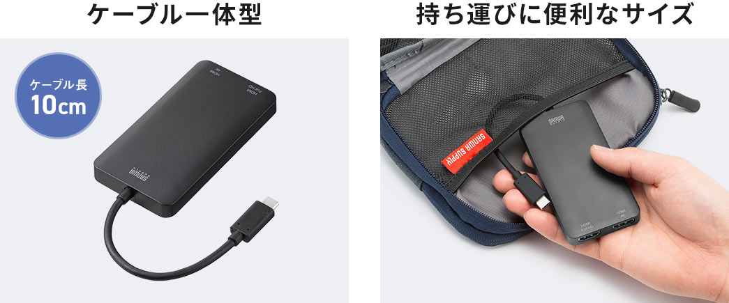 ケーブル一体型でケーブル長10cm。持ち運びに便利なサイズ。