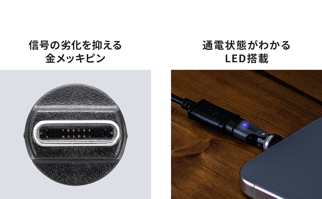 信号の劣化を抑える金メッキピンを採用しており、通電状態がわかるLED搭載しています。