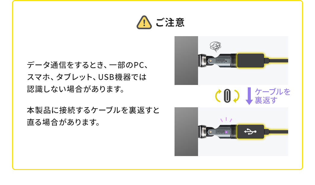以下にご注意下さい。データ通信をするとき、一部のPC、スマホ、タブレット、USB機器では認識しない場合があります。本製品に接続するケーブルを裏返すと直る場合があります。