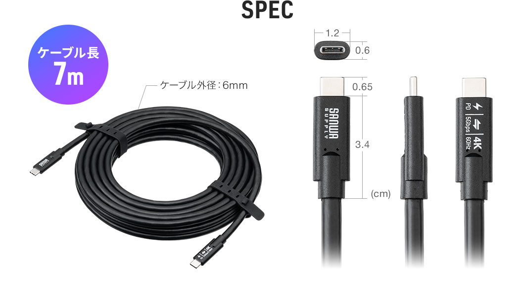 SPEC：幅1.2cm×奥行き4.05cm×高さ0.6cm、ケーブル外径6mm。ケーブル長3m。