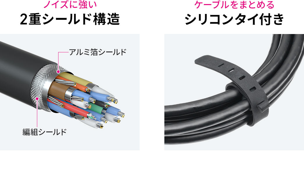 ノイズに強い2重シールド構造で、ケーブルをすっきりまとめられるシリコンタイ付きです。