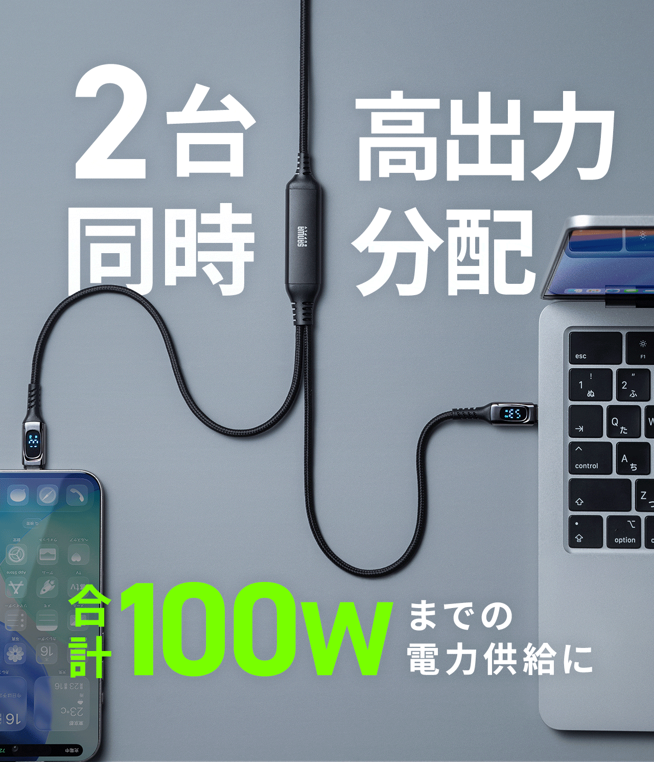 2台同時、高出力分配。合計100wまでの電力供給に。