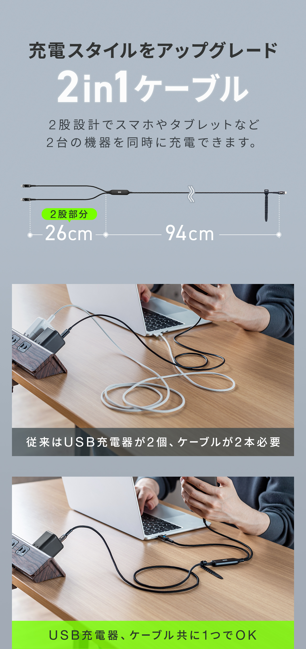 充電スタイルをアップグレード。2in1ケーブル。2股設計でスマホやタブレットなど、2台の機器を同時に充電できます。