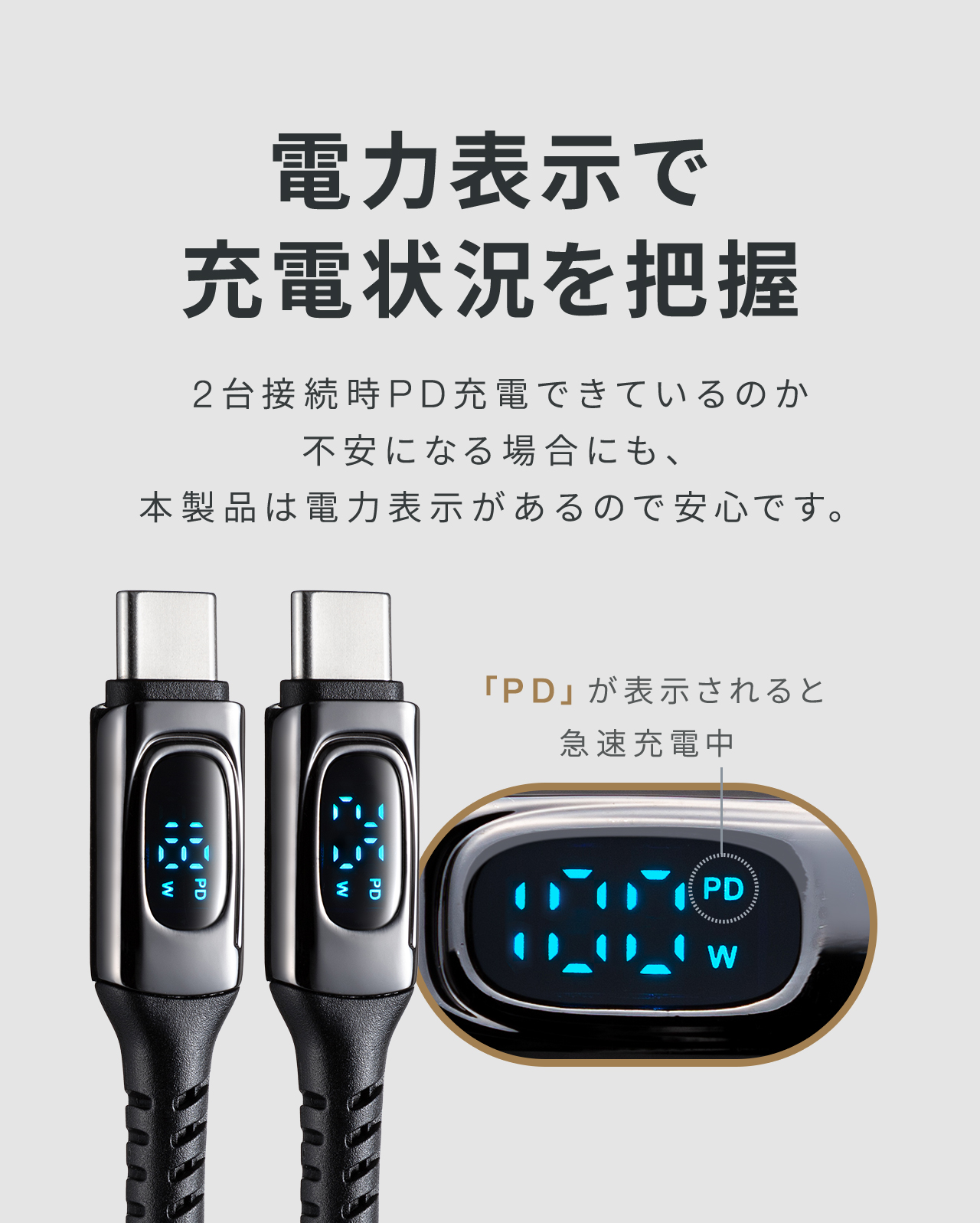 電力表示で充電状況を把握。2台接続時、PD充電できているのか不安になる場合にも、 本製品は電力表示機能があるので安心です。「PD」が表示されると急速充電中です。