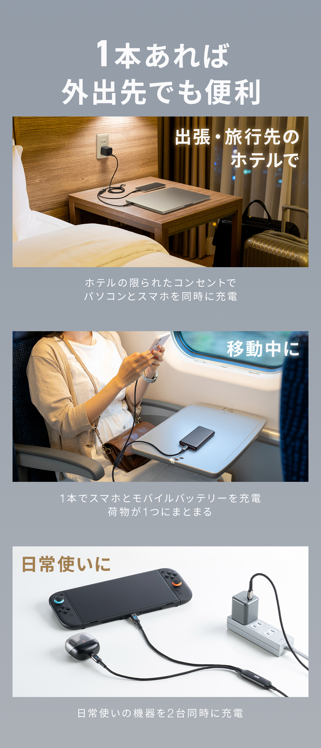 ホテルの限られたコンセントでパソコンとスマホを同時に充電可能。移動中は1本でスマホとモバイルバッテリーを充電でき、荷物もスッキリ。1本あれば外出先でも便利です。