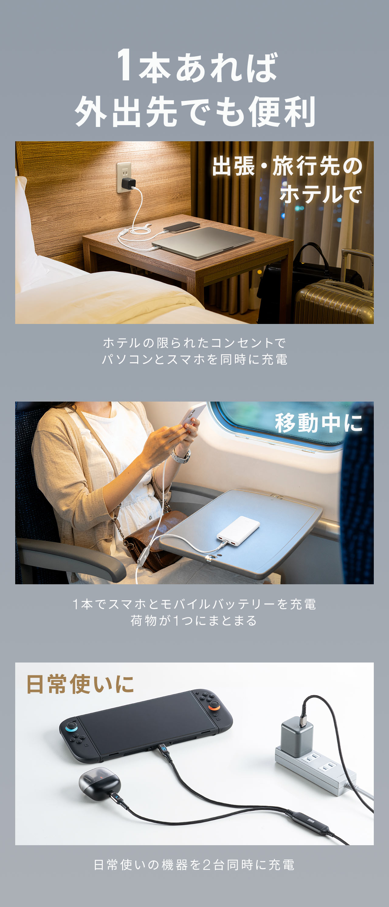 ホテルの限られたコンセントでパソコンとスマホを同時に充電可能。移動中は1本でスマホとモバイルバッテリーを充電でき、荷物もスッキリ。1本あれば外出先でも便利です。