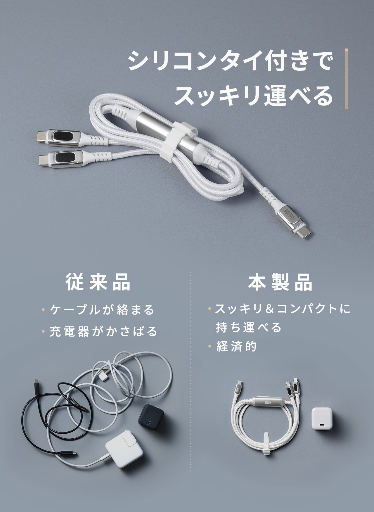 シリコンタイ付きなのでスッキリ運べます。