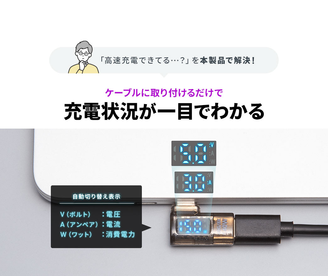 「高速充電できてる...？」を本製品で解決！ケーブルに取り付けるだけで、充電状況が一目でわかります。自動切り替え表示、V（ボルト）、電圧、A（アンペア）、電流、W（ワット）、消費電力。