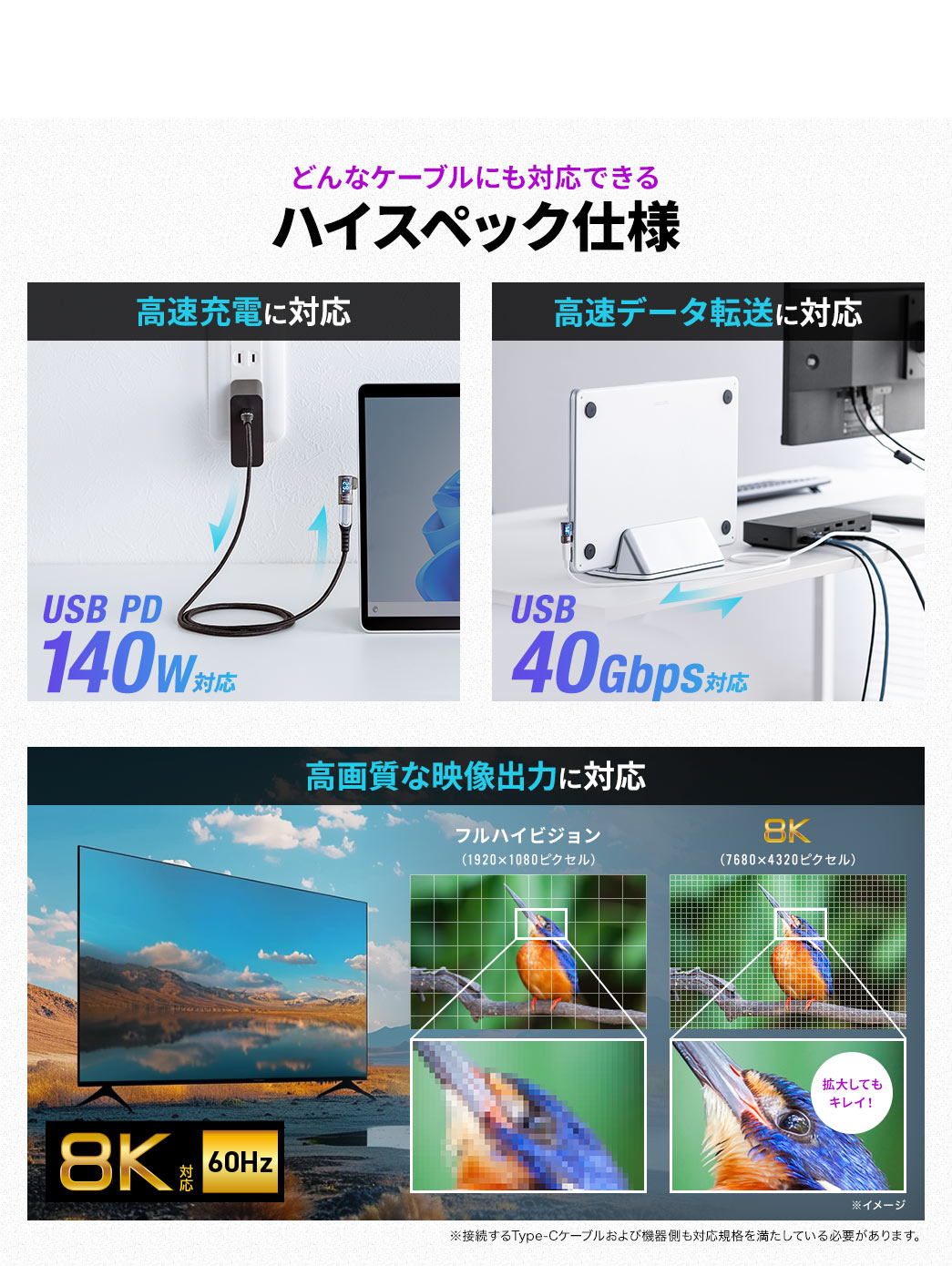 どんなケーブルにも対応できるハイスペック仕様。USB PD140Wの高速充電に対応し、USB 40Gbpsの高速データ転送にも対応します。また、8K/60Hzの高画質な映像出力に対応します。※接続するType-Cケーブルおよび機器側も対応規格を満たしている必要があります。