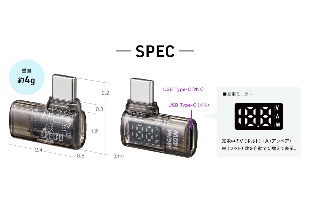 SPEC、重量約4g。充電モニター、充電中のV（ボルト）・A（アンペア）・ W（ワット）数を自動で切替えて表示。