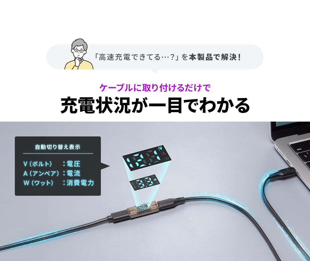 「高速充電できてる...？」を本製品で解決！ケーブルに取り付けるだけで、充電状況が一目でわかります。自動切り替え表示、V（ボルト）、電圧、A（アンペア）、電流、W（ワット）、消費電力。