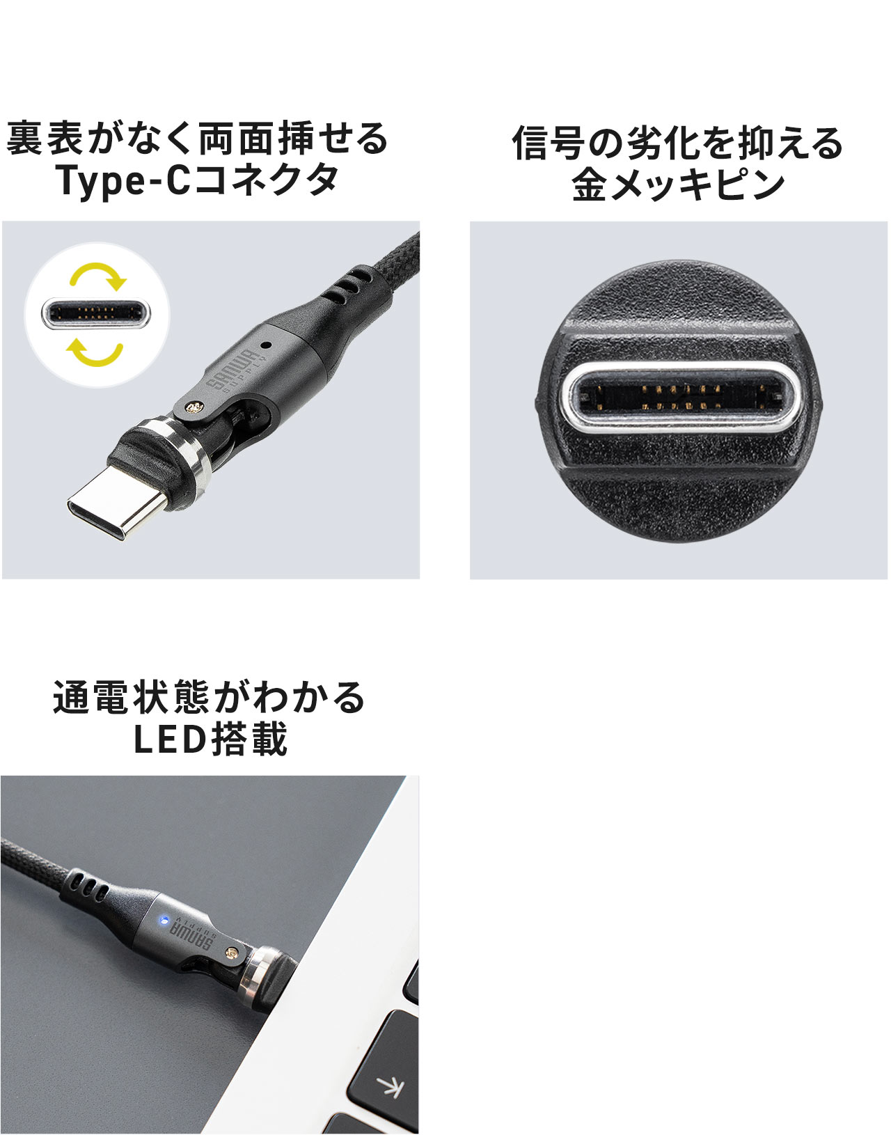 裏表がなく両面挿せる、Type-Cコネクタで、信号の劣化を抑える金メッキピン。