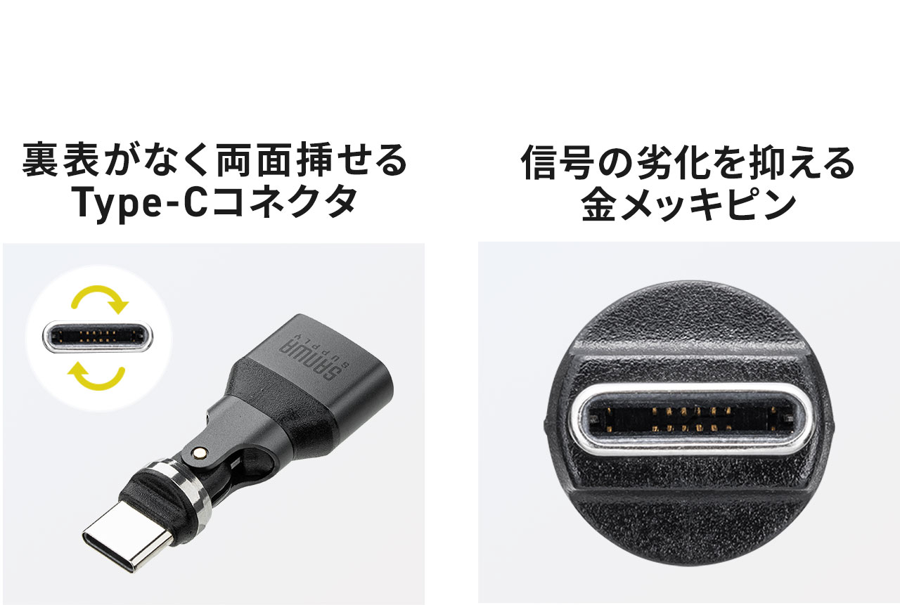 裏表の区別なく両面で挿せるType-Cコネクタを採用し、信号の劣化を抑える金メッキピンを使用しています。