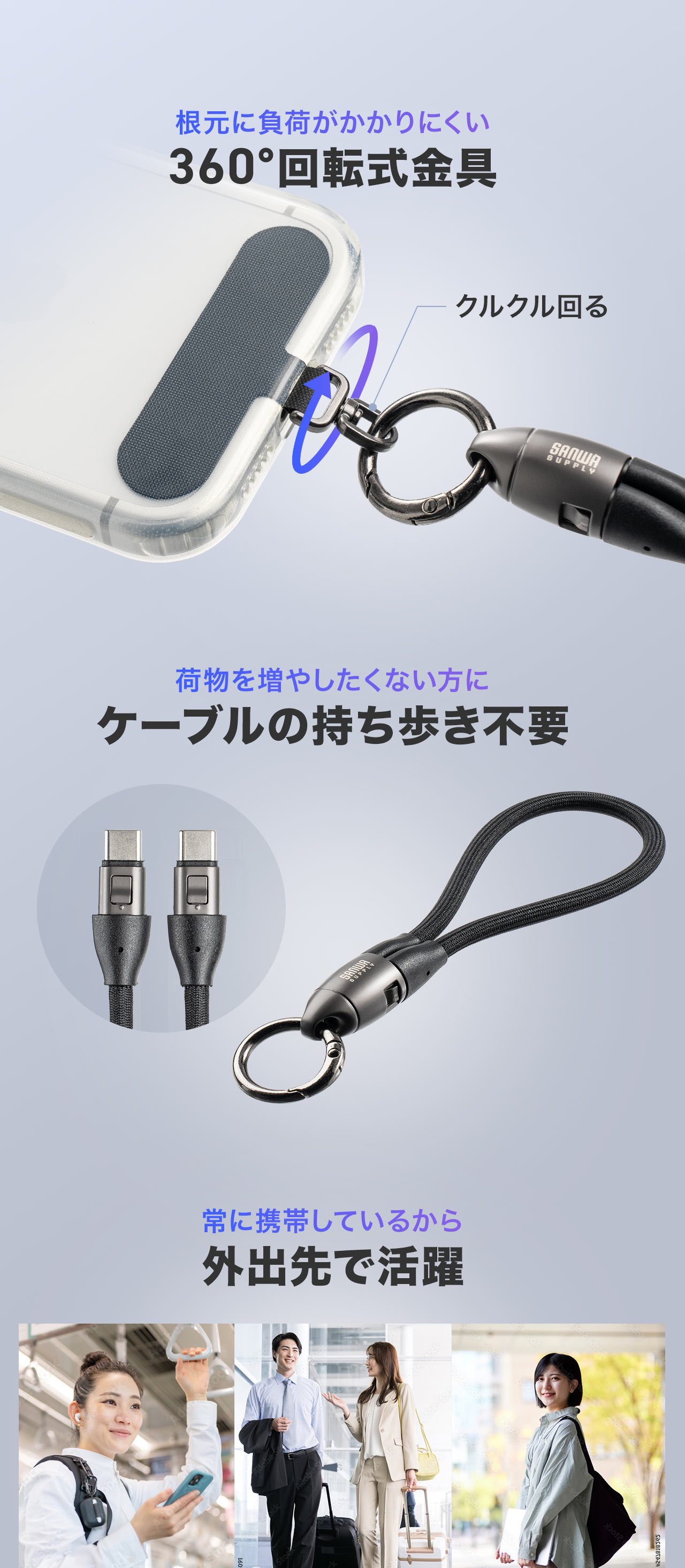 根元に負荷がかかりにくい360°回転式金具を採用し、ケーブルを別途持ち歩く必要がなく、常に携帯できるため外出先でも活躍します。