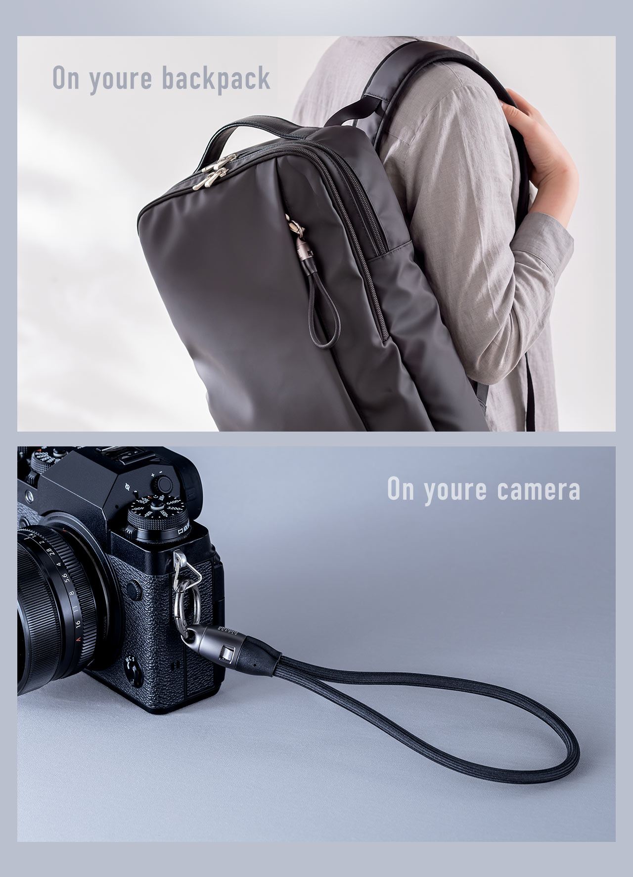 On your backpack、On your camera