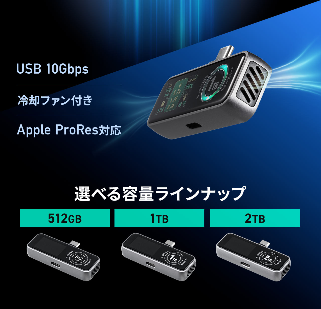 伝送速度はUSB 10Gbps、Apple ProResに対応し冷却ファン付き。容量は512GB、1TB、2TBの3種類から選べます。