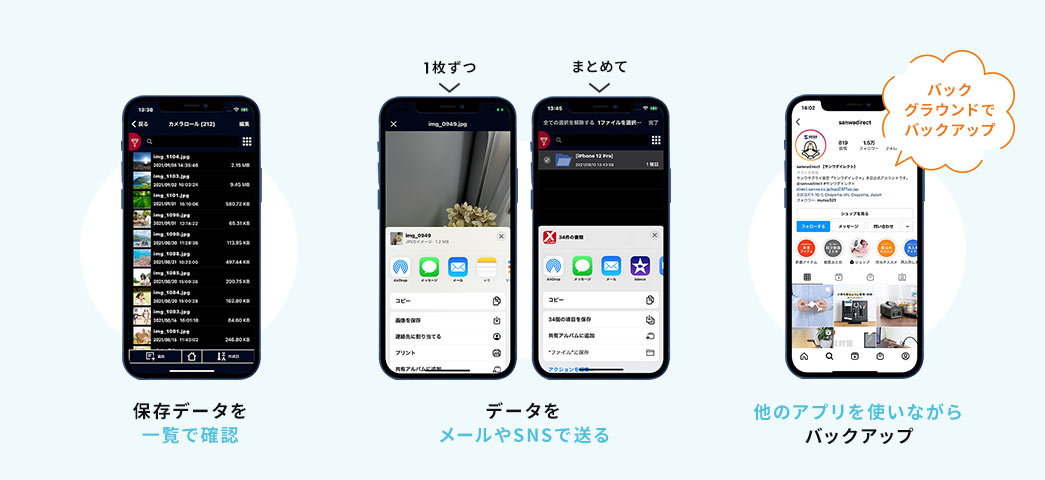 保存データを一覧で確認 データをメールやSNSで送る 他のアプリを使いながらバックアップ