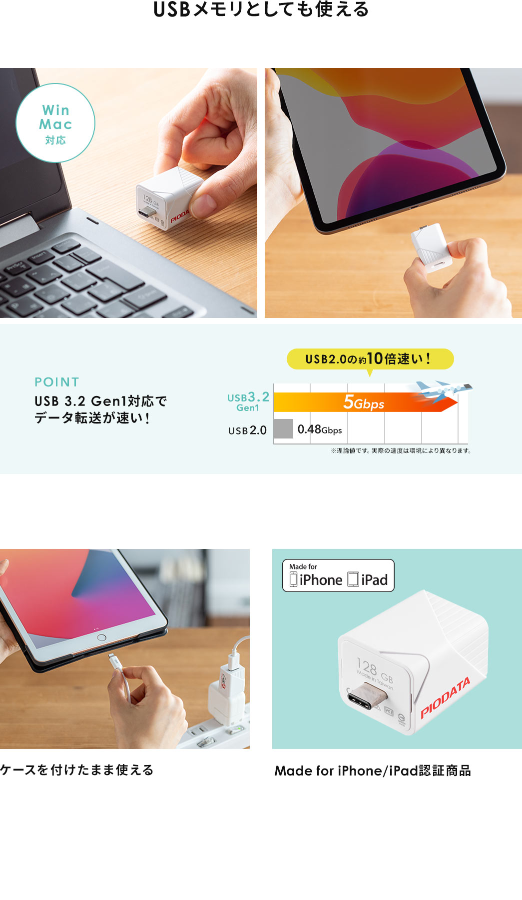 USBメモリとしても使える ケースを付けたまま使える Made for iPhone/iPad認証商品