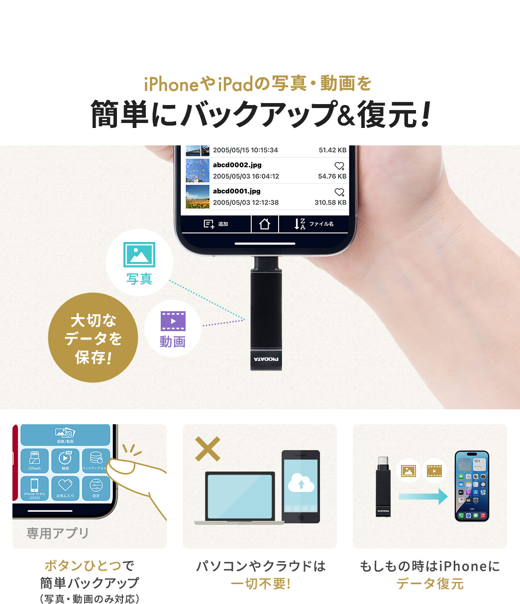 iPhoneやiPadの写真・動画をボタンひとつで簡単バックアップ可能で、USBメモリにデータを保存するのでパソコンやクラウドは一切不要!もしもの時はiPhoneにデータ復元できます。