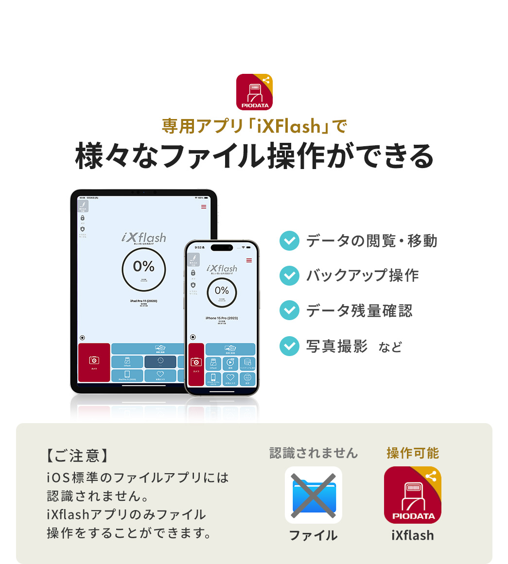 専用アプリ「iXFlash」を使えば、データの閲覧や移動、データ残量の確認、写真撮影など、さまざまなファイル操作が可能です。【ご注意】、本製品はiOS標準のファイルアプリでは認識されず、ファイル操作は専用アプリ「iXFlash」のみで行えます。
