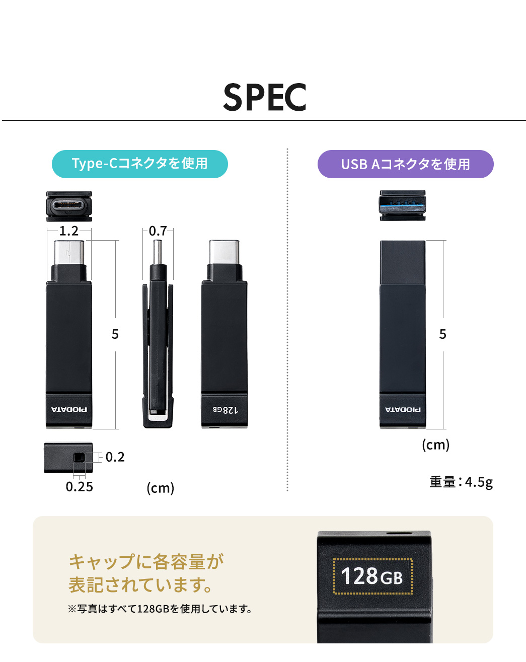 SPEC：幅1.2cm×奥行き5cm×高さ0.7cmで、重量は4.5gです。また、キャップには各容量が表記されています。