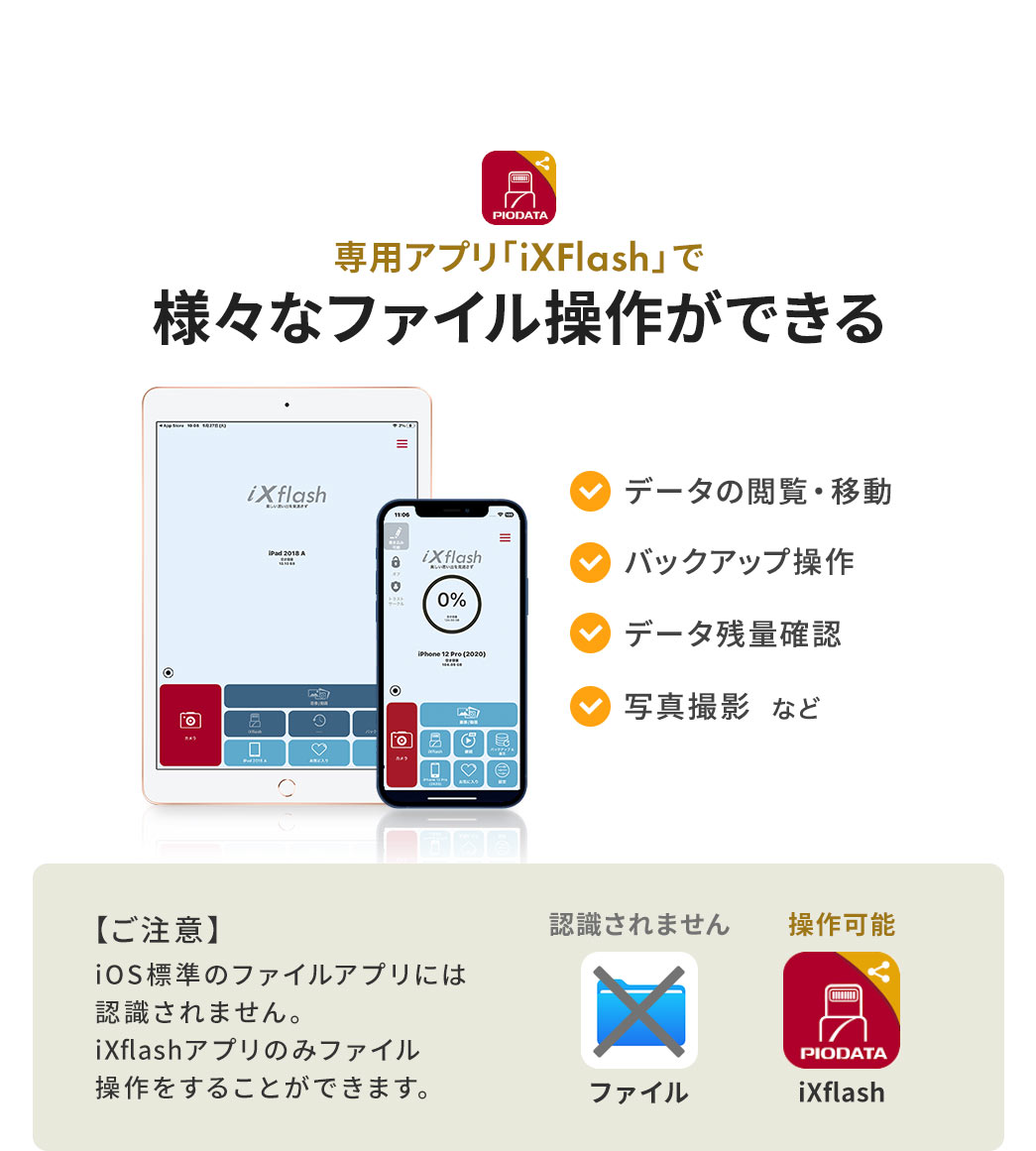 専用アプリ「iXFlash」を使えば、データの閲覧や移動、データ残量の確認、写真撮影など、さまざまなファイル操作が可能です。【ご注意】、本製品はiOS標準のファイルアプリでは認識されず、ファイル操作は専用アプリ「iXFlash」のみで行えます。