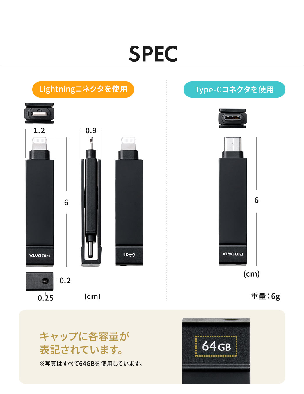 SPEC：幅1.2cm×奥行き6cm×高さ0.9cmで、重量は6gです。また、キャップには各容量が表記されています。