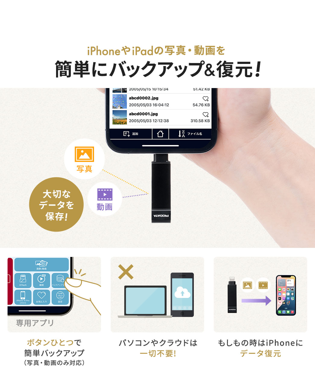 iPhoneやiPadの写真・動画をボタンひとつで簡単バックアップ可能で、USBメモリにデータを保存するのでパソコンやクラウドは一切不要!もしもの時はiPhoneにデータ復元できます。