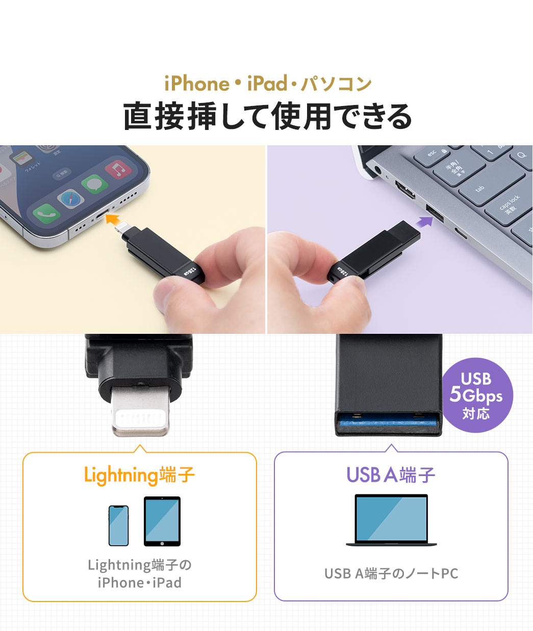 iPhone・iPad・パソコンに直接挿して使用可能。USB 5Gbpsの高速データ転送に対応し、Lightning端子とUSB A端子を搭載しているため、Lightning対応のiPhone・iPadやUSB A端子搭載のノートPCでも使用できます。