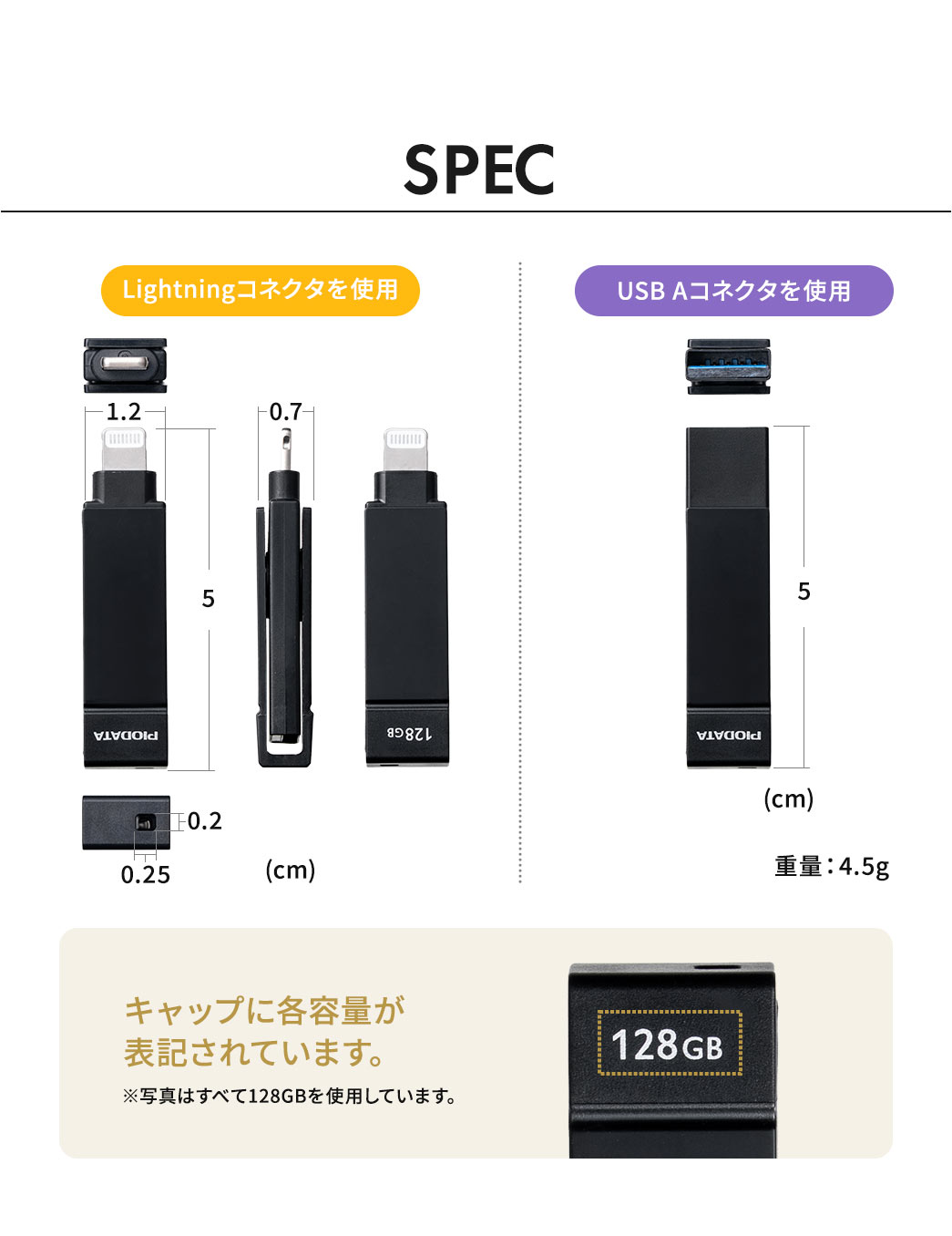 SPEC：幅1.2cm×奥行き5cm×高さ0.7cmで、重量は4.5gです。また、キャップには各容量が表記されています。