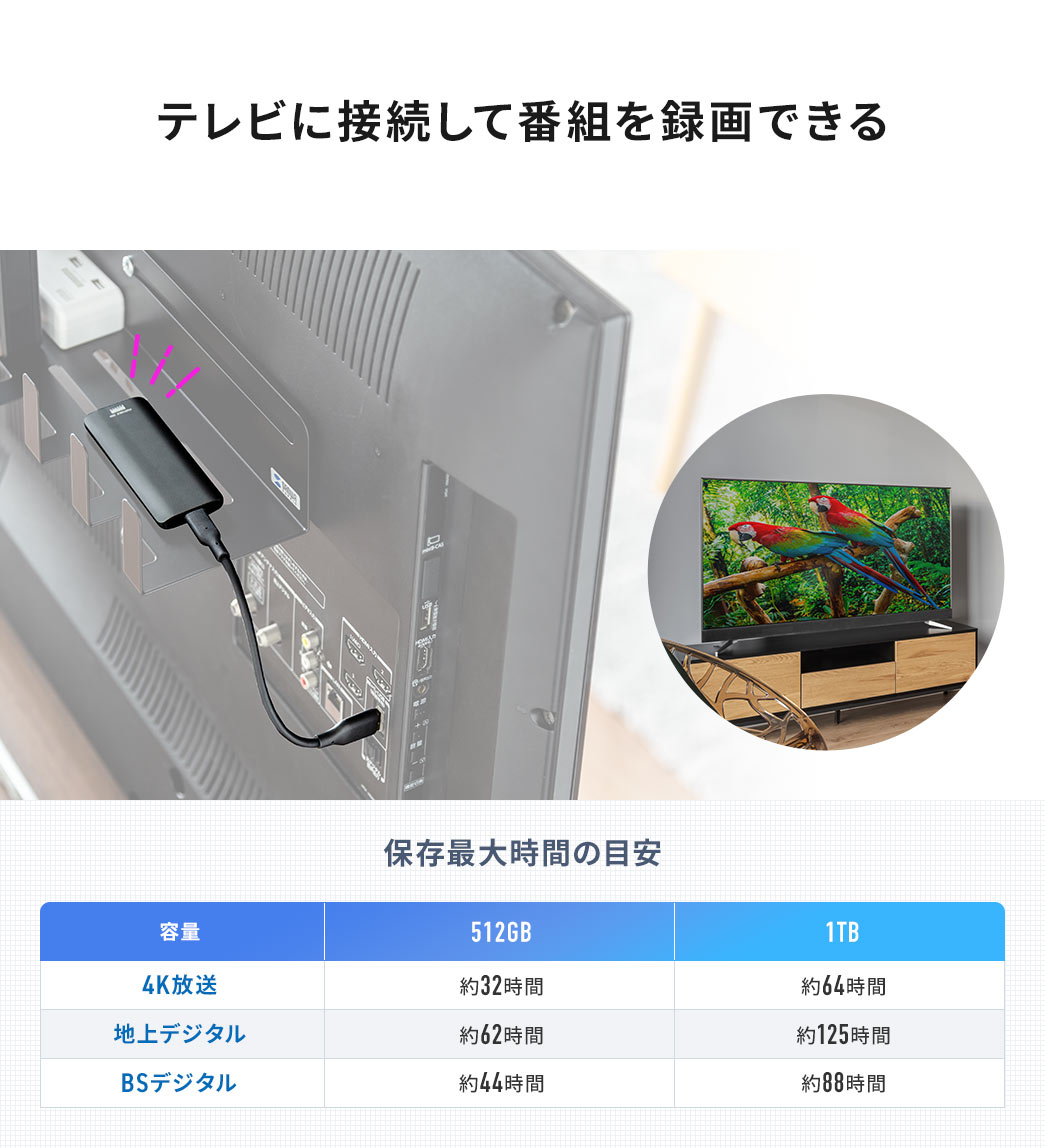 テレビに接続して番組を録画できる