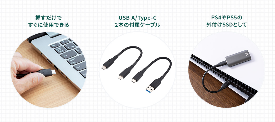 挿すだけですぐに使用できる USB A/Type-C 2本の付属ケーブル PS4やPS5の外付けSSDとして