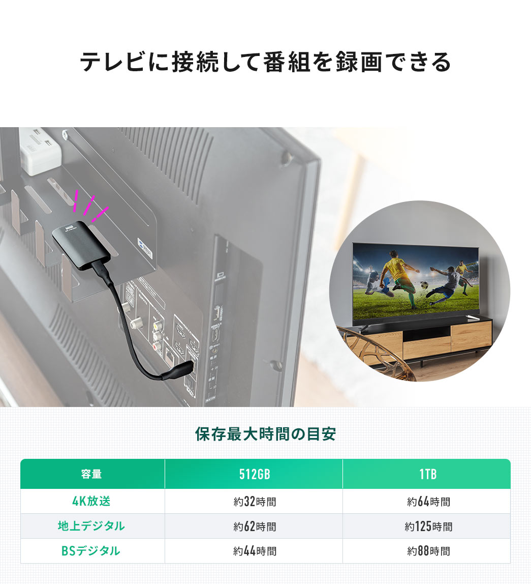 テレビに接続して番組を録画できる